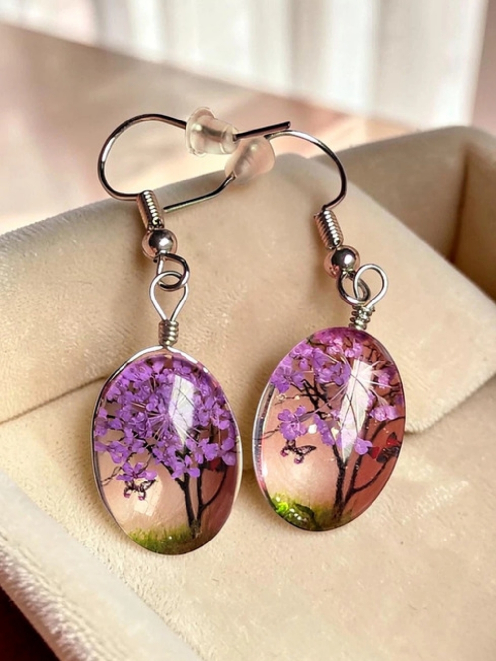 Fashion Jewelry Purple Floral Tree Oval Drop Earrings Silver Wire Resin Dangle